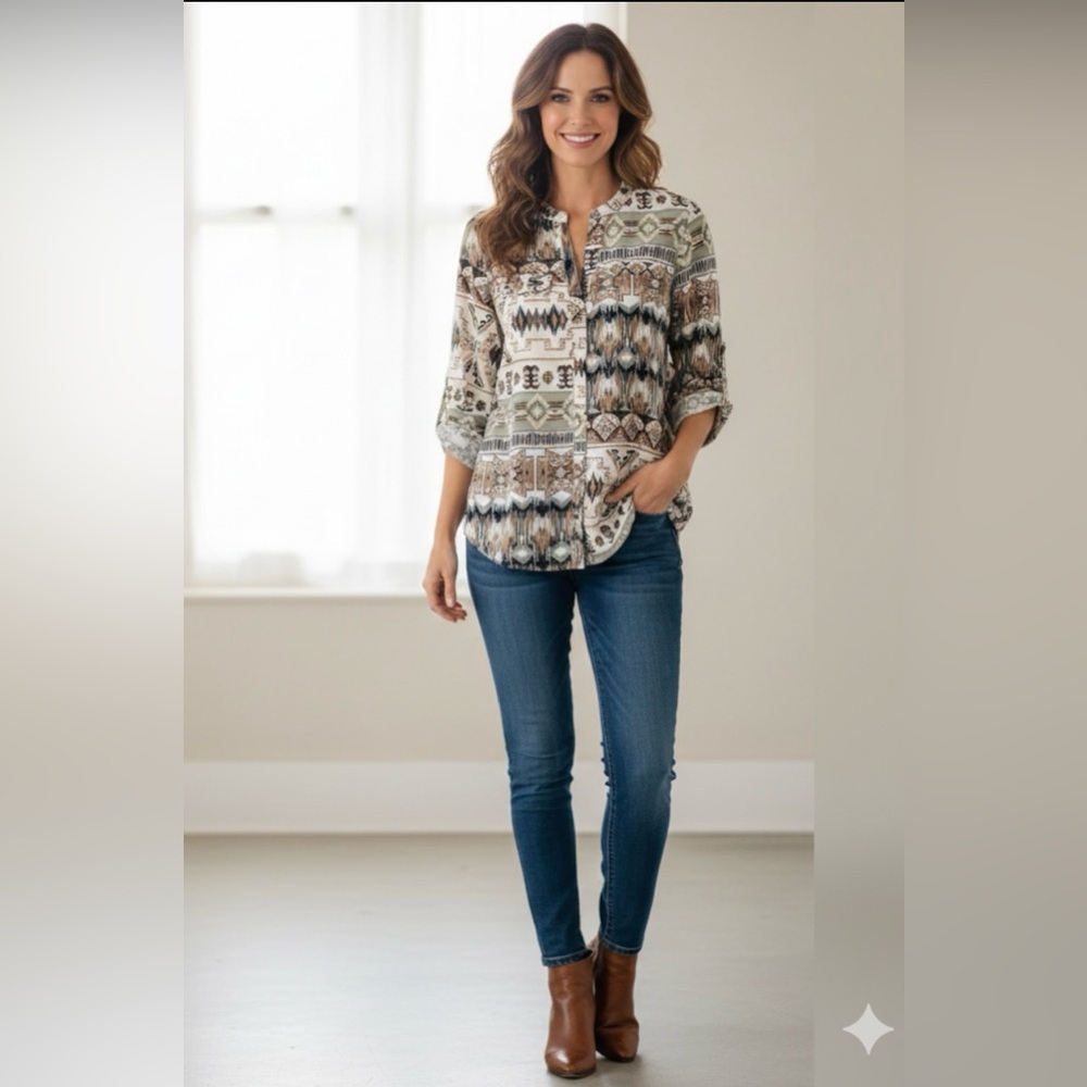 Calvin Klein Geometric Tribal Printed Blouse Neutral Colors Boho Sleeve 3/4